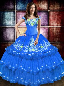 Embroidery and Ruffled Layers Sweet 16 Quinceanera Dress Blue Lace Up Sleeveless Floor Length