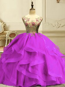 Flirting Scoop Sleeveless Organza Quince Ball Gowns Appliques and Ruffles Lace Up