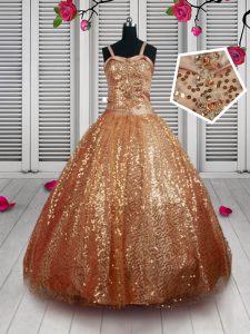 Sequins Rust Red Sleeveless Sequined Lace Up Child Pageant Dress for Party and Wedding Party