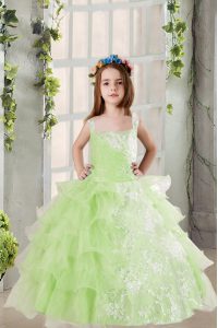 Yellow Green Square Neckline Lace and Ruffled Layers Child Pageant Dress Sleeveless Lace Up