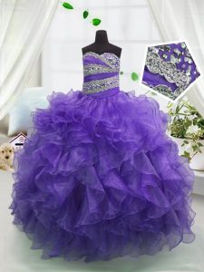 Top Selling Organza Sweetheart Sleeveless Lace Up Beading and Ruffles Little Girls Pageant Dress in Eggplant Purple