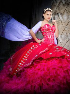 Hot Pink Quinceanera Gown For with Embroidery and Ruffles Sweetheart Sleeveless Brush Train Lace Up