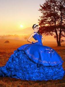 Blue Sleeveless Organza Brush Train Lace Up Ball Gown Prom Dress for Military Ball and Sweet 16 and Quinceanera