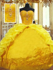 Hot Selling Sleeveless Taffeta Brush Train Lace Up Quinceanera Dresses in Gold with Beading and Embroidery and Pick Ups