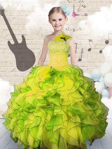 Customized Sleeveless Floor Length Beading and Ruffles Lace Up Kids Formal Wear with Yellow Green