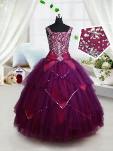 Dark Purple Ball Gowns Square Sleeveless Tulle Floor Length Lace Up Beading and Ruffles and Belt Little Girl Pageant Dress