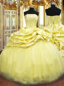 Charming Gold Taffeta Lace Up Strapless Sleeveless Floor Length Quinceanera Gown Beading and Pick Ups