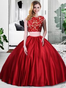 Artistic Sleeveless Floor Length Lace and Ruching Zipper Quinceanera Gown with Wine Red