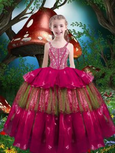 Floor Length Hot Pink Child Pageant Dress Straps Sleeveless Lace Up