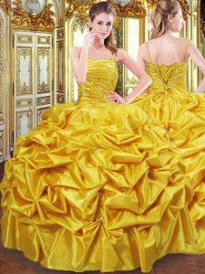 Gold Spaghetti Straps Neckline Beading and Pick Ups Quinceanera Gown Sleeveless Lace Up