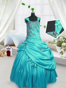 Pick Ups Turquoise Sleeveless Satin Lace Up Girls Pageant Dresses for Party and Wedding Party