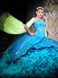 Baby Blue Organza Lace Up Sweetheart Sleeveless Quinceanera Dress Brush Train Embroidery and Ruffles
