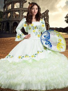 Dazzling White Ball Gowns Embroidery and Ruffled Layers Sweet 16 Dress Lace Up Organza Long Sleeves Floor Length