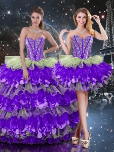 Customized Sweetheart Sleeveless 15th Birthday Dress Floor Length Beading and Ruffles and Ruffled Layers Multi-color Organza