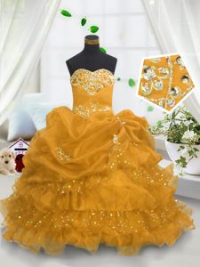 Eye-catching Gold Ball Gowns Beading and Ruffled Layers and Pick Ups Little Girls Pageant Gowns Lace Up Organza Sleeveless Floor Length