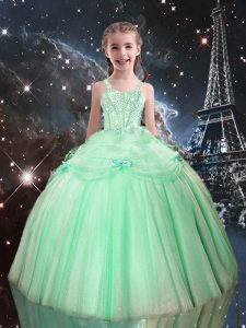 Dazzling Sleeveless Floor Length Beading Lace Up Girls Pageant Dresses with Apple Green