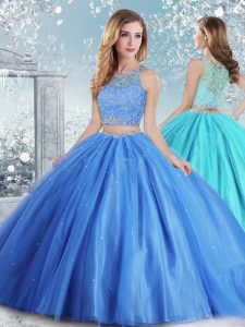 Sleeveless Tulle Floor Length Clasp Handle Vestidos de Quinceanera in Baby Blue with Beading and Sequins