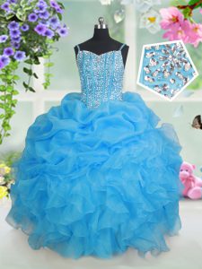 High End Pick Ups Spaghetti Straps Sleeveless Lace Up Little Girls Pageant Gowns Baby Blue Organza