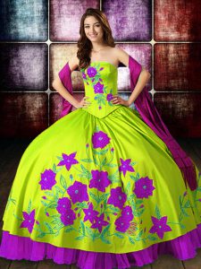 Cute Sleeveless Satin Floor Length Lace Up Sweet 16 Dress in Multi-color with Embroidery