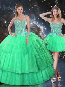 Apple Green Lace Up Sweetheart Ruffled Layers and Sequins Quince Ball Gowns Organza Sleeveless