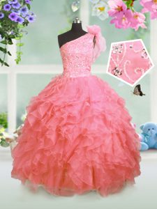 One Shoulder Floor Length Ball Gowns Sleeveless Watermelon Red Little Girls Pageant Dress Lace Up