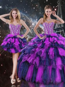 Multi-color Sleeveless Floor Length Beading and Ruffles and Ruffled Layers Lace Up 15th Birthday Dress