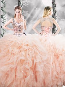 Elegant Tulle Sleeveless Floor Length Ball Gown Prom Dress and Beading and Ruffles
