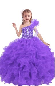 Lilac Ball Gowns One Shoulder Sleeveless Organza Floor Length Lace Up Beading and Ruffles Little Girls Pageant Dress