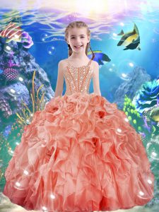 Ball Gowns Little Girls Pageant Dress Wholesale Watermelon Red Straps Organza Sleeveless Floor Length Lace Up