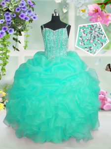 Beading and Ruffles and Pick Ups Little Girl Pageant Gowns Turquoise Lace Up Sleeveless Floor Length