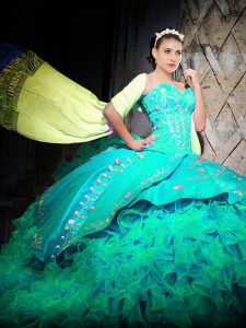 With Train Turquoise Vestidos de Quinceanera Sweetheart Sleeveless Brush Train Lace Up