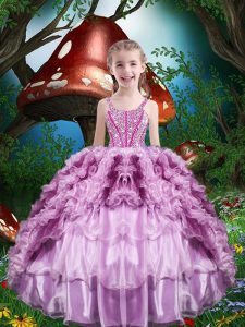 Best Floor Length Lace Up Little Girls Pageant Dress Wholesale Lilac for Quinceanera and Wedding Party with Beading and Ruffles and Ruffled Layers