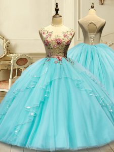 Hot Sale Aqua Blue Sleeveless Tulle Lace Up Vestidos de Quinceanera for Military Ball and Sweet 16 and Quinceanera