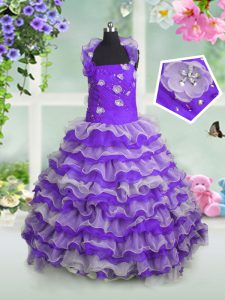 Beading and Appliques and Ruffled Layers Little Girls Pageant Gowns Lavender Lace Up Sleeveless Floor Length