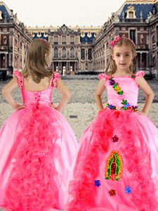 Cap Sleeves Lace Up Floor Length Beading and Appliques and Ruffles Pageant Gowns For Girls