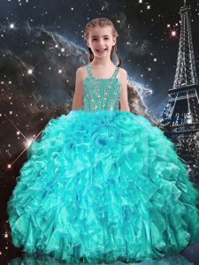 Popular Straps Sleeveless Lace Up Pageant Gowns For Girls Aqua Blue Organza