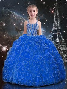 Blue Ball Gowns Organza Straps Sleeveless Beading and Ruffles Floor Length Lace Up Child Pageant Dress