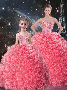 Coral Red Organza Lace Up Sweetheart Sleeveless Floor Length Sweet 16 Dress Beading and Ruffles