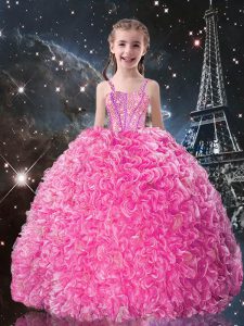 Ball Gowns Little Girl Pageant Gowns Rose Pink Straps Organza Sleeveless Floor Length Lace Up