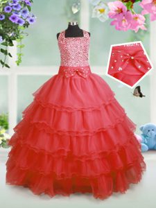 Dramatic Floor Length Coral Red Little Girls Pageant Dress Organza Sleeveless Beading and Ruffles and Bowknot
