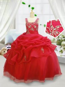 Pick Ups Ball Gowns Little Girls Pageant Dress Wholesale Coral Red Straps Organza Sleeveless Floor Length Lace Up