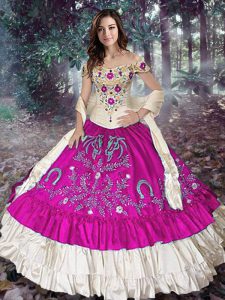 Embroidery and Ruffled Layers Sweet 16 Dress Fuchsia Lace Up Sleeveless Floor Length