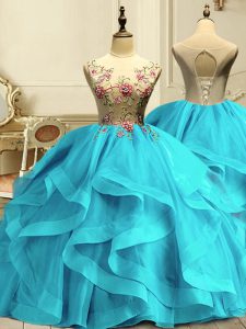 Artistic Aqua Blue Lace Up Vestidos de Quinceanera Appliques and Ruffles Sleeveless Floor Length