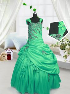 Adorable Pick Ups Straps Sleeveless Lace Up Kids Pageant Dress Green Satin
