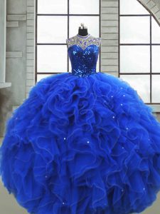 Royal Blue Quince Ball Gowns Military Ball and Sweet 16 and Quinceanera with Ruffles and Sequins Scoop Sleeveless Zipper