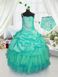 Best Turquoise Little Girls Pageant Gowns Military Ball and Sweet 16 and Quinceanera with Beading and Ruffled Layers and Pick Ups Strapless Sleeveless Lace Up