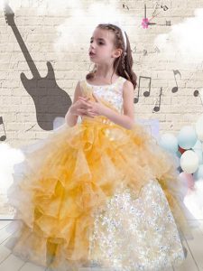 Scoop Beading and Ruffles Girls Pageant Dresses Orange Lace Up Sleeveless Floor Length