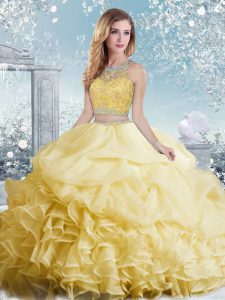 New Arrival Bateau Sleeveless Organza Quinceanera Gown Beading and Ruffles and Pick Ups Clasp Handle