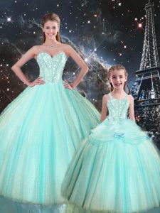 Custom Design Turquoise Ball Gowns Beading Quinceanera Gown Lace Up Tulle Sleeveless Floor Length