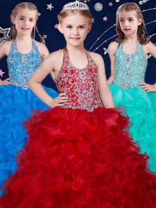 Cheap Halter Top Wine Red and Baby Blue and Turquoise Sleeveless Beading and Ruffles Floor Length Little Girls Pageant Dress Wholesale